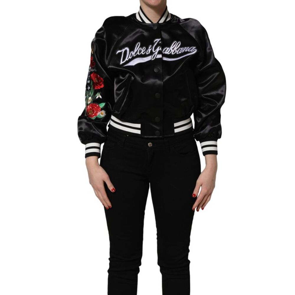 Dolce & Gabbana Black Satin Floral Embroidery Bomber Women's Jacket